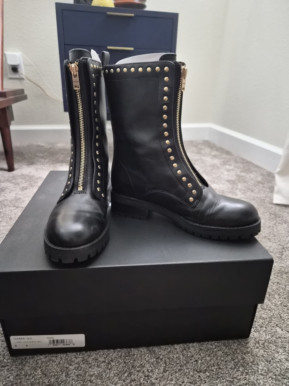 Coach Black Leather Studded Front-Zip Combat Boots
